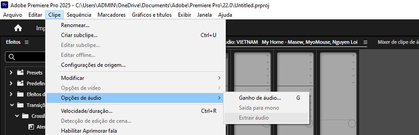 Menu “Clipe” no Premiere Pro, com as opções de áudio expandidas e “Extrair áudio” realçado, permitindo que os usuários separem o áudio de um clipe de vídeo selecionado., Imagem