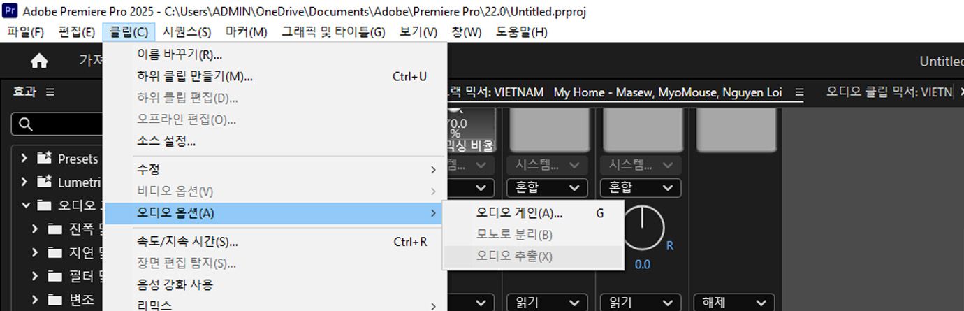 Premiere Pro의 클립 메뉴에서 오디오 옵션이 확장되고 오디오 추출이 강조 표시되어 있어 사용자가 선택한 비디오 클립에서 오디오를 분리할 수 있습니다., 그림