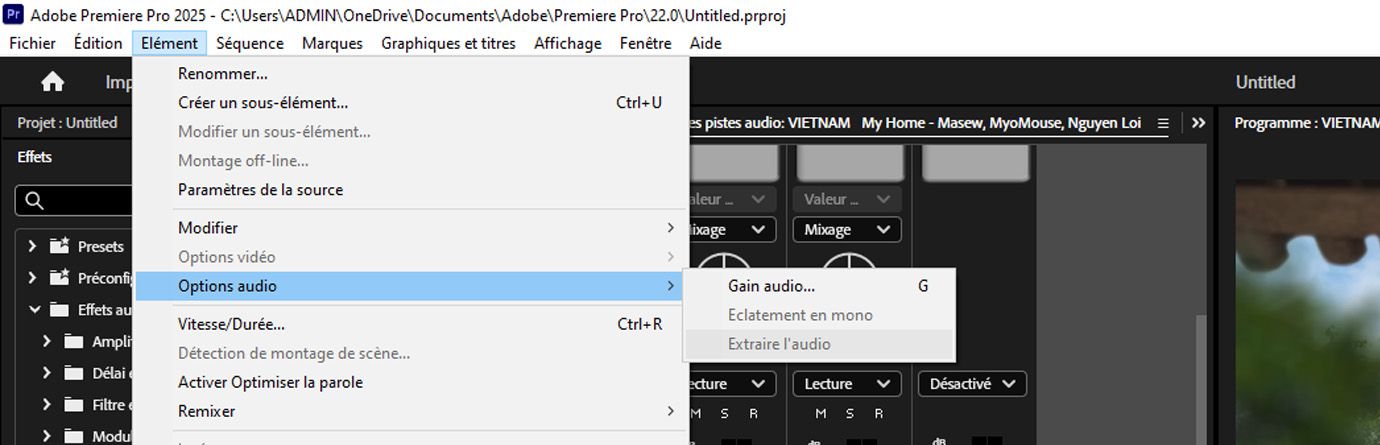 Menu Clip dans Premiere Pro avec la section Options audio développée et l’option Extraire l’audio mise en surbrillance, permettant aux utilisateurs et utilisatrices de séparer l’audio d’un clip vidéo sélectionné. Image