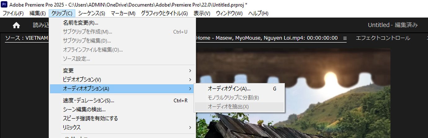 Premiere Pro のクリップメニューで「オーディオ オプション」が展開され、「オーディオを抽出」がハイライト表示されているので、選択したビデオクリップからオーディオを分離できるようになりました。画像