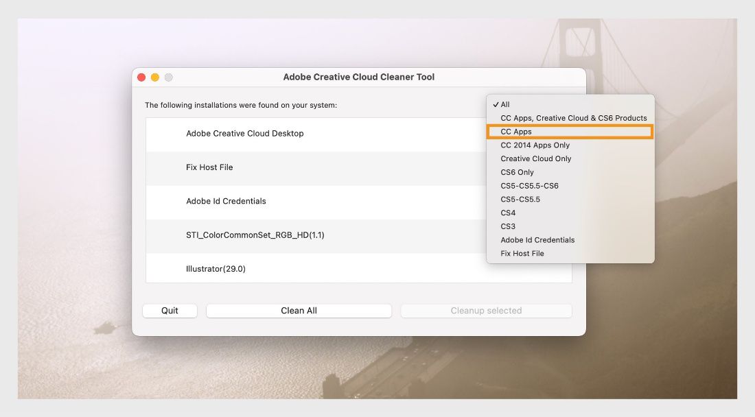 Im Creative Cloud Cleaner-Tool unter Windows werden die verschiedenen Bereinigungsvorgänge angezeigt. Mit dem Tool kannst du einzelne Adobe-Produkte oder alle Produkte bereinigen und die Host-Datei reparieren.