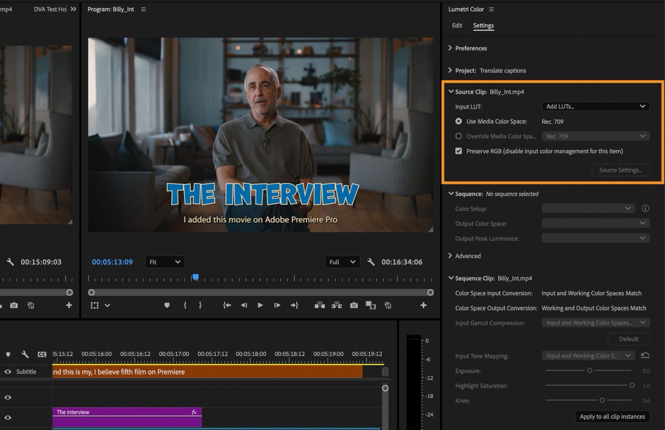 El Monitor de programa está abierto con una vista previa de la secuencia.El panel derecho muestra la configuración de gestión de color, incluidos los detalles del clip de origen.La LUT de entrada está por defecto y Usar espacio de color de medios está seleccionado como Rec.709.