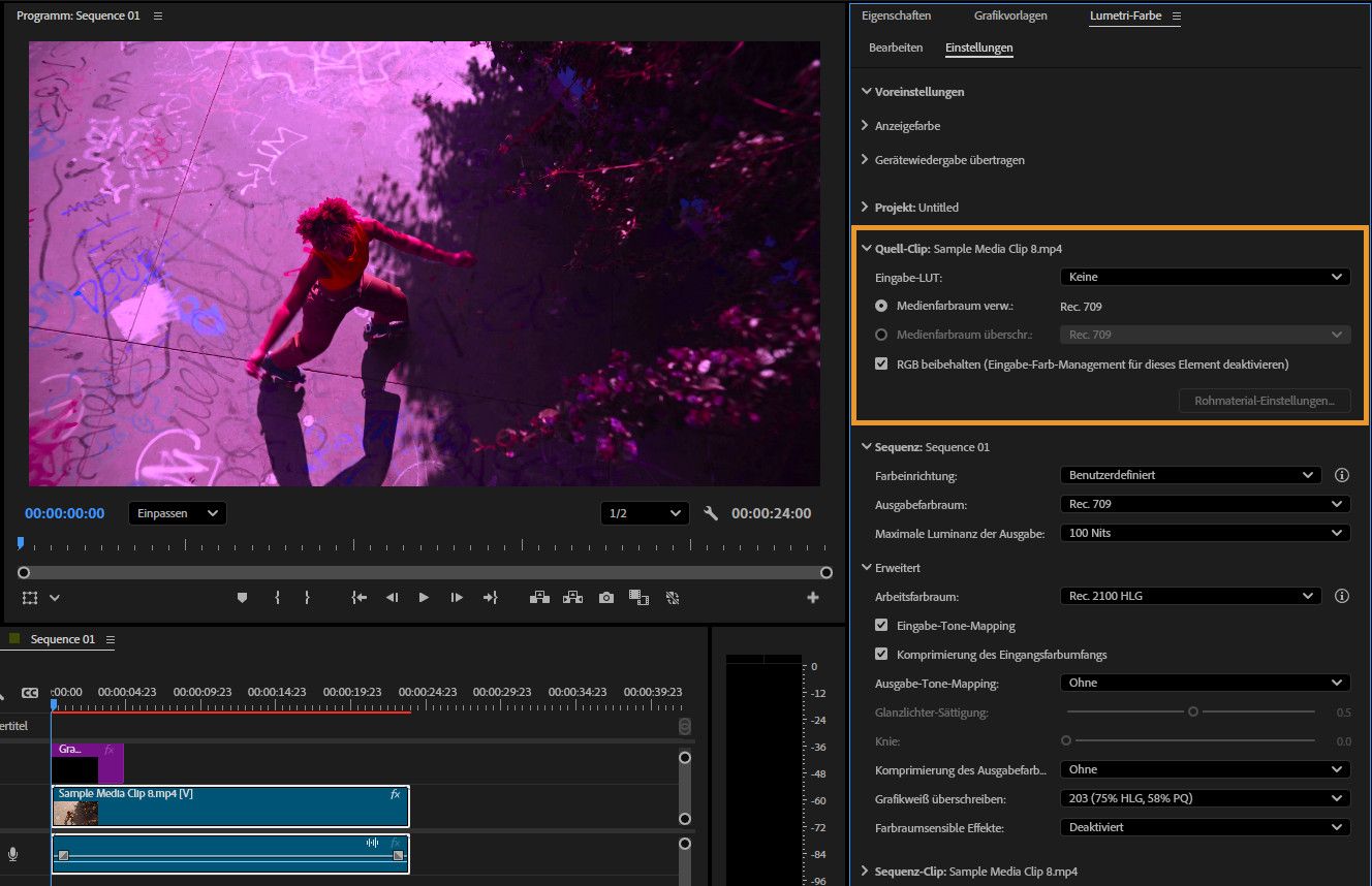 Der Programmmonitor ist geöffnet und zeigt eine Vorschau der Sequenz.Das rechte Bedienfeld zeigt Einstellungen für das Farbmanagement an, einschließlich Details zum Quell-Clip.Die Eingabe-LUT ist standardmäßig eingestellt und „Medien-Farbraum verwenden“ ist ausgewählt als Rec. 709.