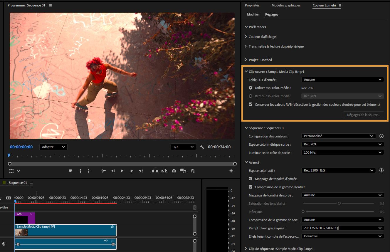 Le moniteur du programme est ouvert avec une prévisualisation de la séquence.Le panneau de droite affiche les paramètres de gestion des couleurs, y compris les détails du clip source.LUT en entrée est le paramètre par défaut et Utiliser l’espace colorimétrique des médias est défini sur Rec.709.