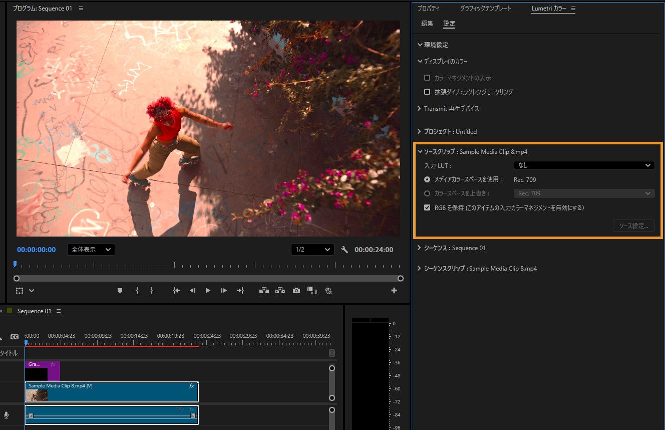 プログラムモニターが開き、シーケンスのプレビューが表示されています。 右側のパネルにカラーマネジメント設定が表示され、ソースクリップの詳細が含まれています。 入力 LUT はデフォルトで、メディアカラースペースを使用が次のように選択されています。Rec. 709.
