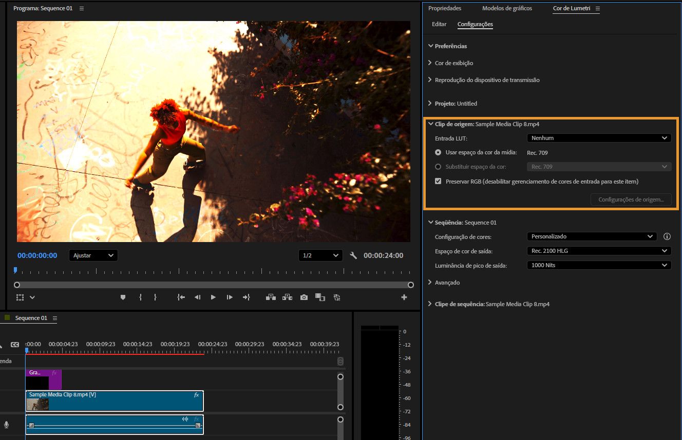 O Monitor de Programa está aberto com uma visualização da sequência.O painel direito mostra as configurações de gerenciamento de cores, incluindo detalhes do clipe de origem. O LUT de entrada está definido como padrão, e “Usar espaço de cores da mídia” está selecionado como Rec. 709.