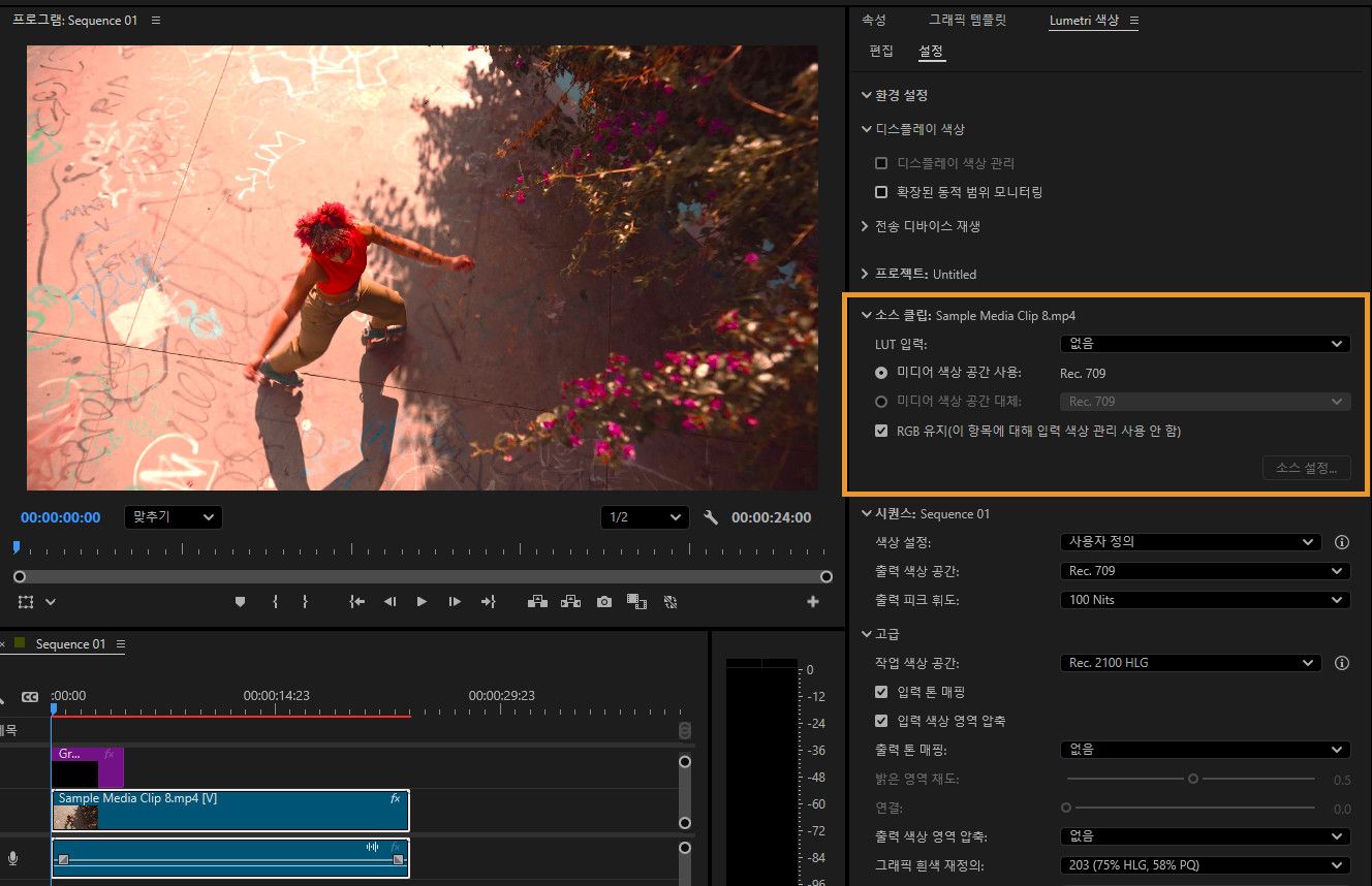 프로그램 모니터가 열려 있고 시퀀스의 미리 보기가 표시됩니다. 오른쪽 패널에는 소스 클립 세부 정보를 포함한 색상 관리 설정이 표시됩니다. 입력 LUT는 기본값이고 미디어 색상 공간 사용은 다음으로 선택되어 있습니다: Rec. 709.