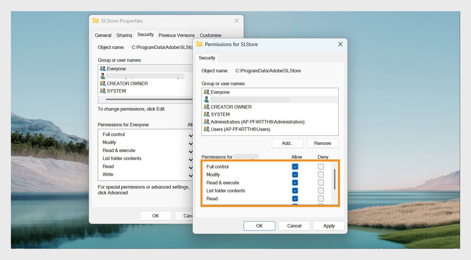 La fenêtre des autorisations SLStore affiche les profils d'utilisateurs Windows et leurs autorisations, et offre la possibilité d'autoriser ou de refuser des autorisations à ces profils. 