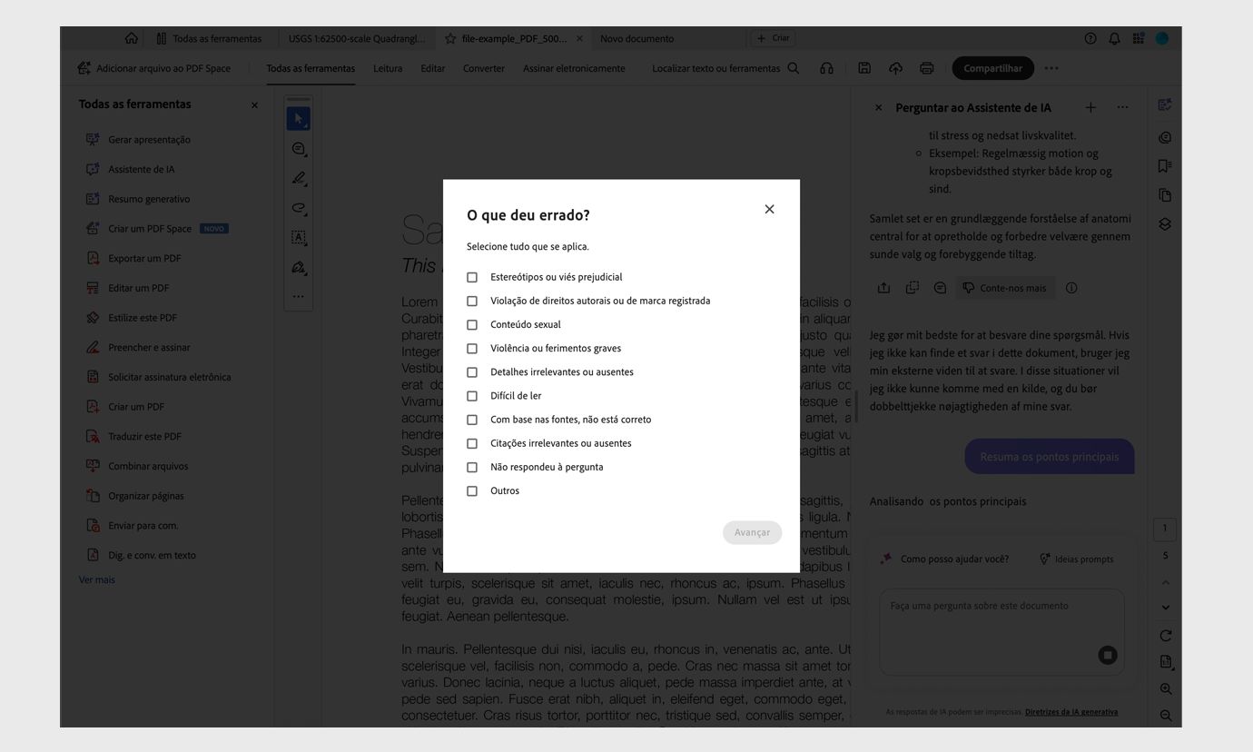 O que deu errado? caixa de diálogo mostrando uma lista de opções selecionáveis para reportar problemas como detalhes pouco claros ou conteúdo inadequado.