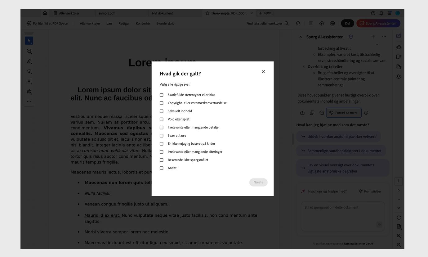 Hvad gik der galt? dialogboks, der viser en liste over valgbare muligheder for rapportering af problemer såsom uklare oplysninger eller upassende indhold.