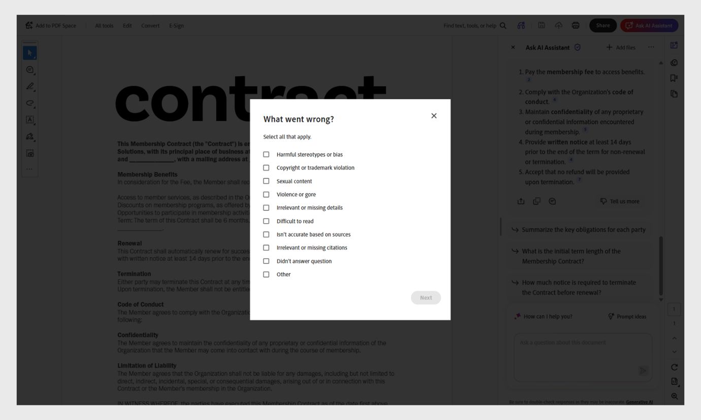 Ano ang naging mali? dialog box na nagpapakita ng listahan ng mga mapipiling opsyon para sa pag-report ng mga issue tulad ng hindi malinaw na mga detalye o hindi nararapat na content.