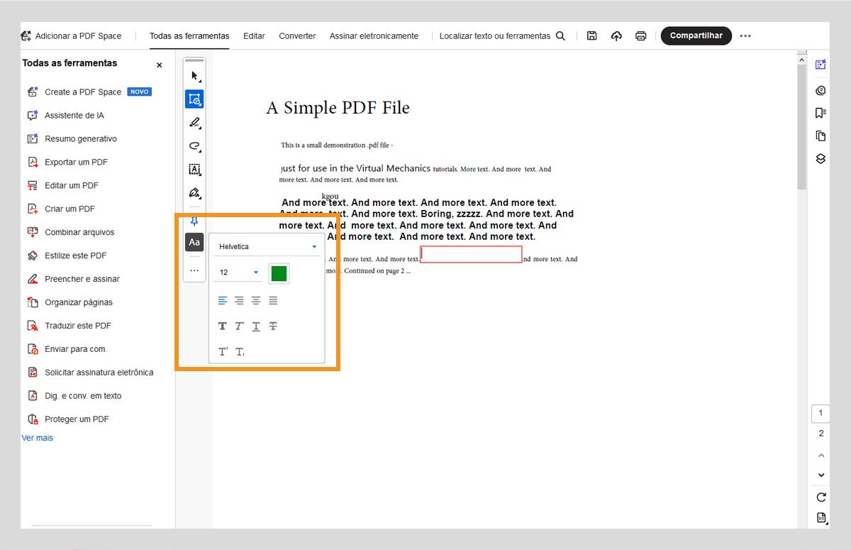 A Barra de ferramentas de ação rápida exibe o botão selecionar ou alterar propriedades para o texto selecionado, que possui opções de alinhamento de texto e formatação de texto. 