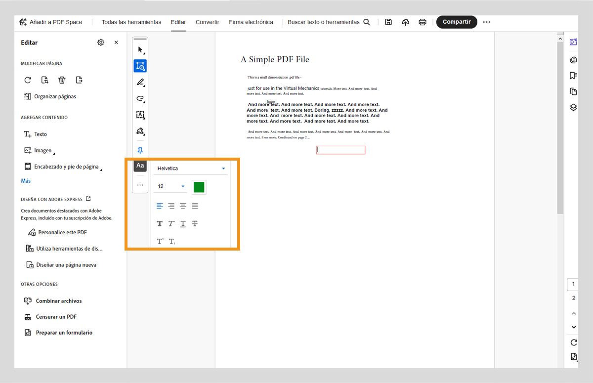 La barra de herramientas de acción rápida muestra el botón seleccionar o cambiar propiedades para el texto seleccionado que tiene opciones de alineación de texto y formato de texto. 