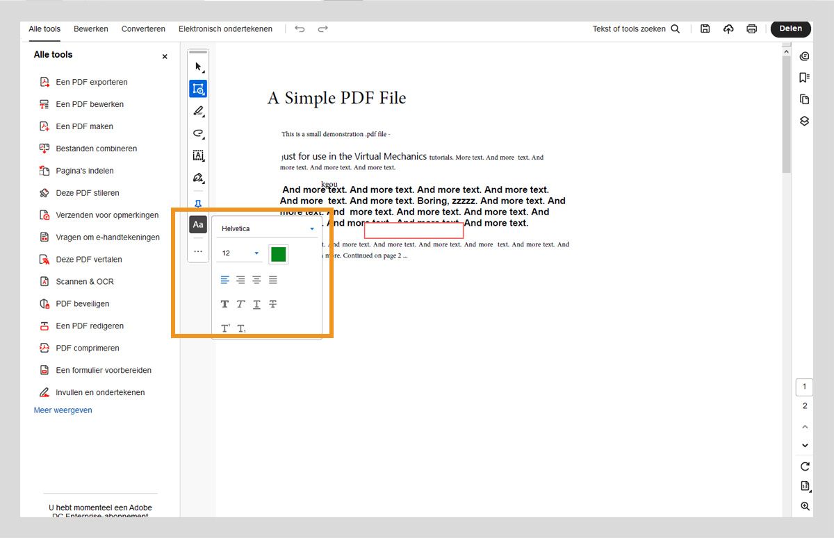 De werkbalk voor snelle acties toont de knop voor het selecteren of wijzigen van eigenschappen voor de geselecteerde tekst met opties voor tekstuitlijning en tekstopmaak. 