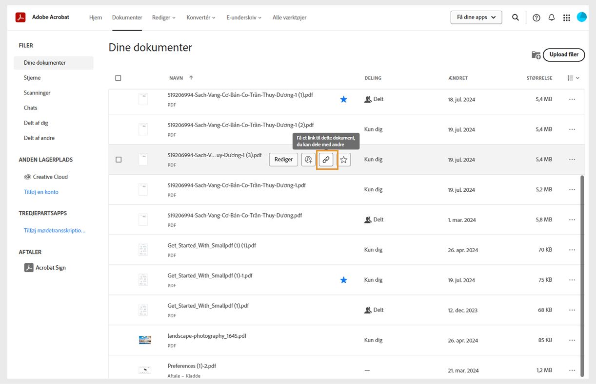 Fanen Dokumenter viser en liste over dine dokumenter. Når markøren holdes over dokumentet, vises ikonerne Del og andre værktøjer.