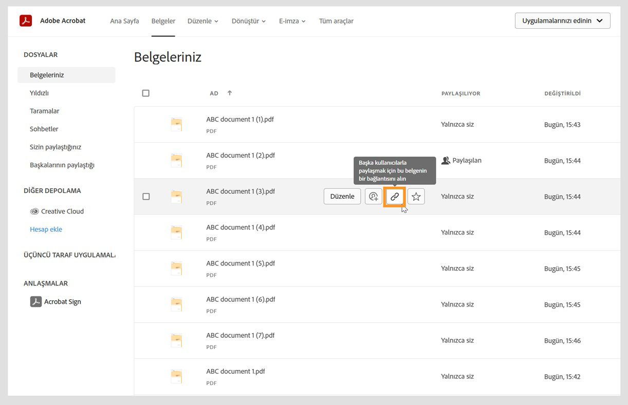 Belgeler sekmesinde belgelerinizin listesi gösterilir. İmleci bir belgenin üzerine getirdiğinizde Paylaş ve diğer araç simgeleri gösterilir.