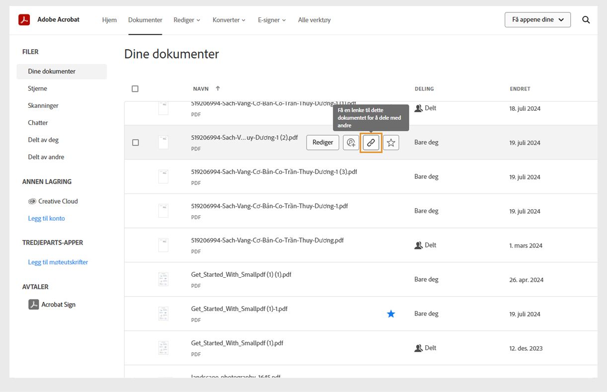 Dokumenter-fanen viser en liste over dokumentene dine. Når du holder markøren over dokumentet, vises Del og andre verktøyikoner.