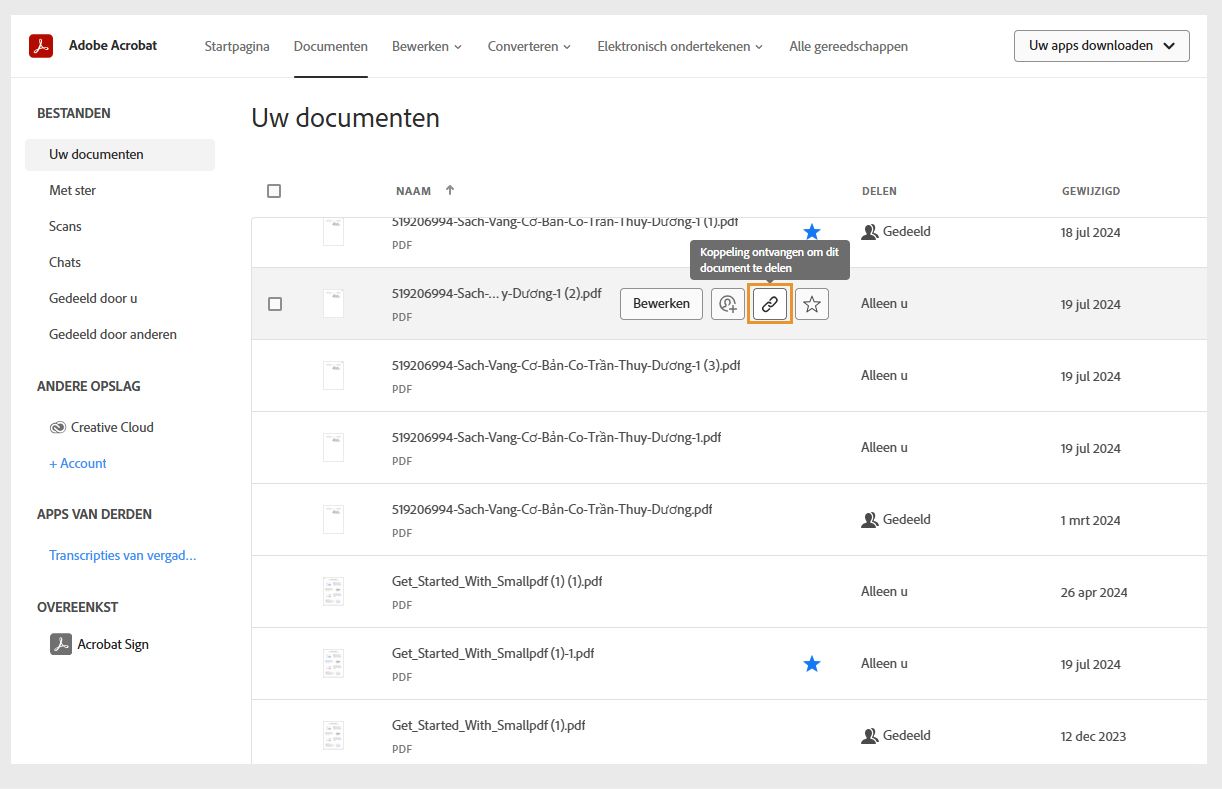 Het tabblad Documenten toont een lijst van uw documenten. Als u met de muis over het document gaat, worden de pictogrammen voor Delen en andere tools weergegeven.
