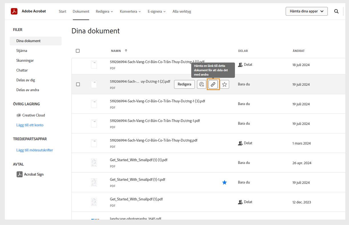 Dokumentfliken visar en lista över dina dokument. Muspekaren som hovrar över dokumentet visar Dela och andra verktygsikoner.