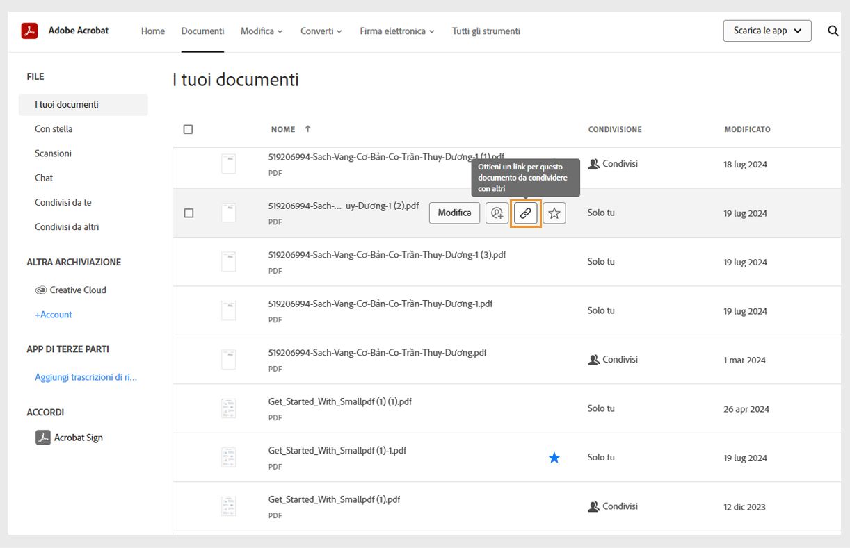La scheda Documenti mostra un elenco dei tuoi documenti. Quando si passa il puntatore sopra il documento, vengono visualizzate le icone di Condividi e di altri strumenti.