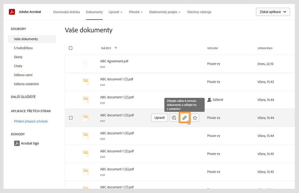 Na kartě dokumentů se zobrazí seznam vašich dokumentů. Pokud podržíte ukazatel myši na dokumentu, zobrazí se ikona Sdílet a ikony dalších nástrojů.