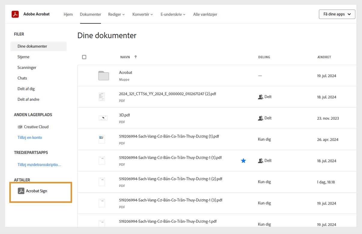 Fanen Dokumenter i Acrobat viser listen over &quot;Dine dokumenter&quot;, og indstillingen Acrobat Sign under Aftaler er fremhævet.