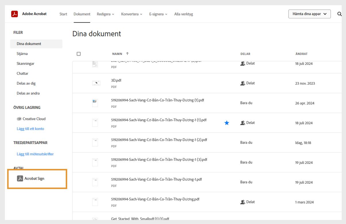 Fliken Dokument i Acrobat visar listan Dina dokument och alternativet Acrobat Sign under Avtal är markerat.