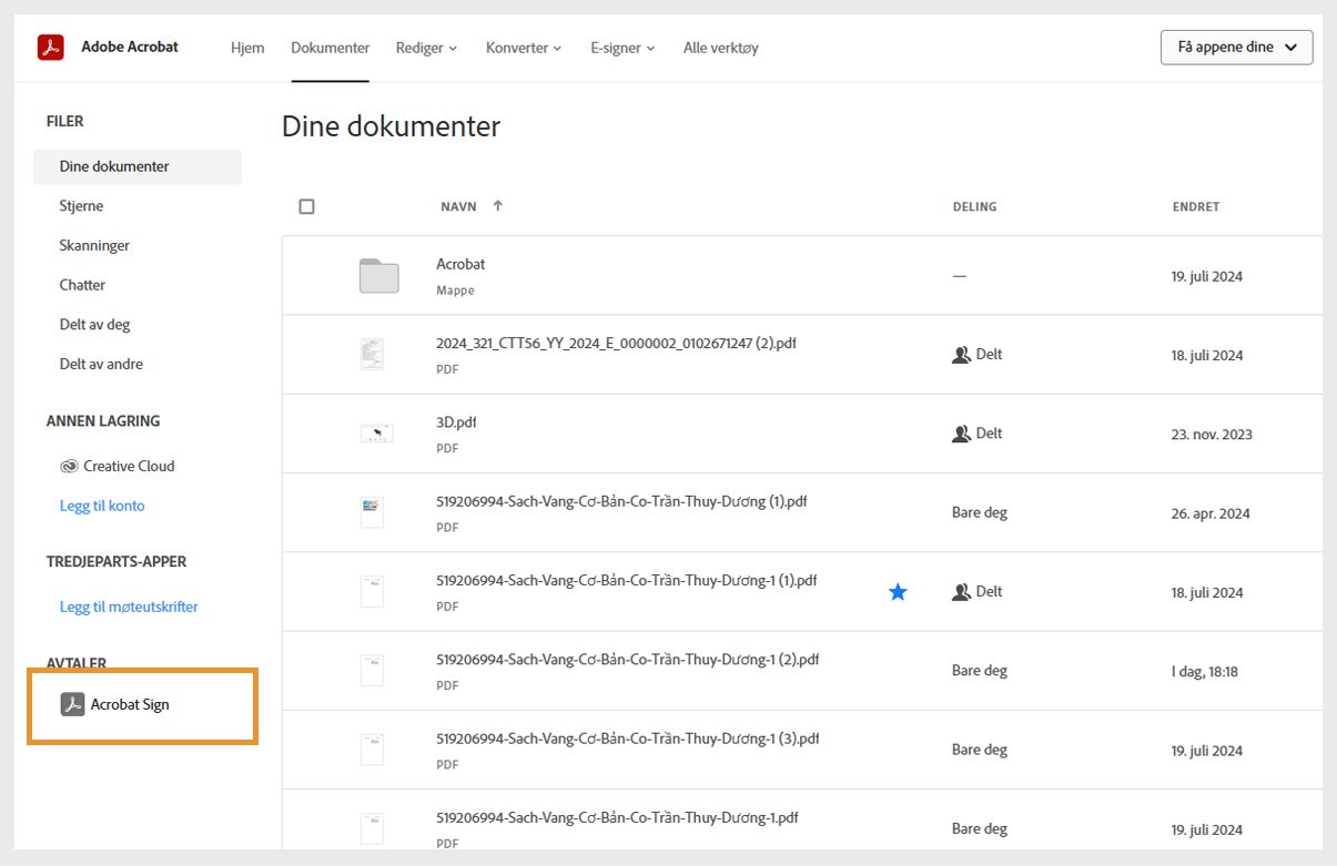 Dokumenter-fanen i Acrobat viser listen over dine dokumenter, og Acrobat Sign-alternativet under Avtaler er uthevet.