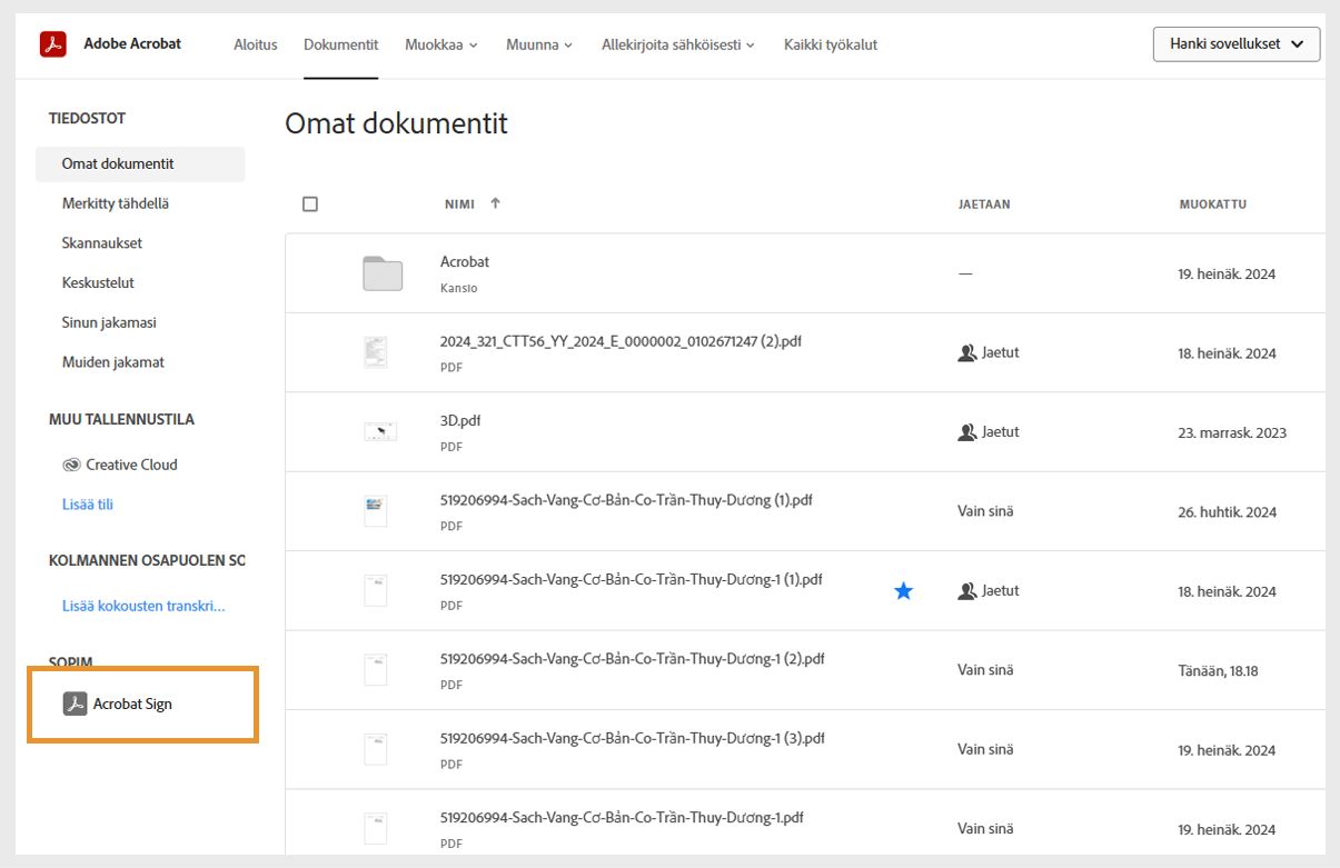 Acrobatin Asiakirjat-välilehdellä näkyy Omat asiakirja -luettelo, ja Sopimukset-kohdan Acrobat Sign -vaihtoehto on korostettu.