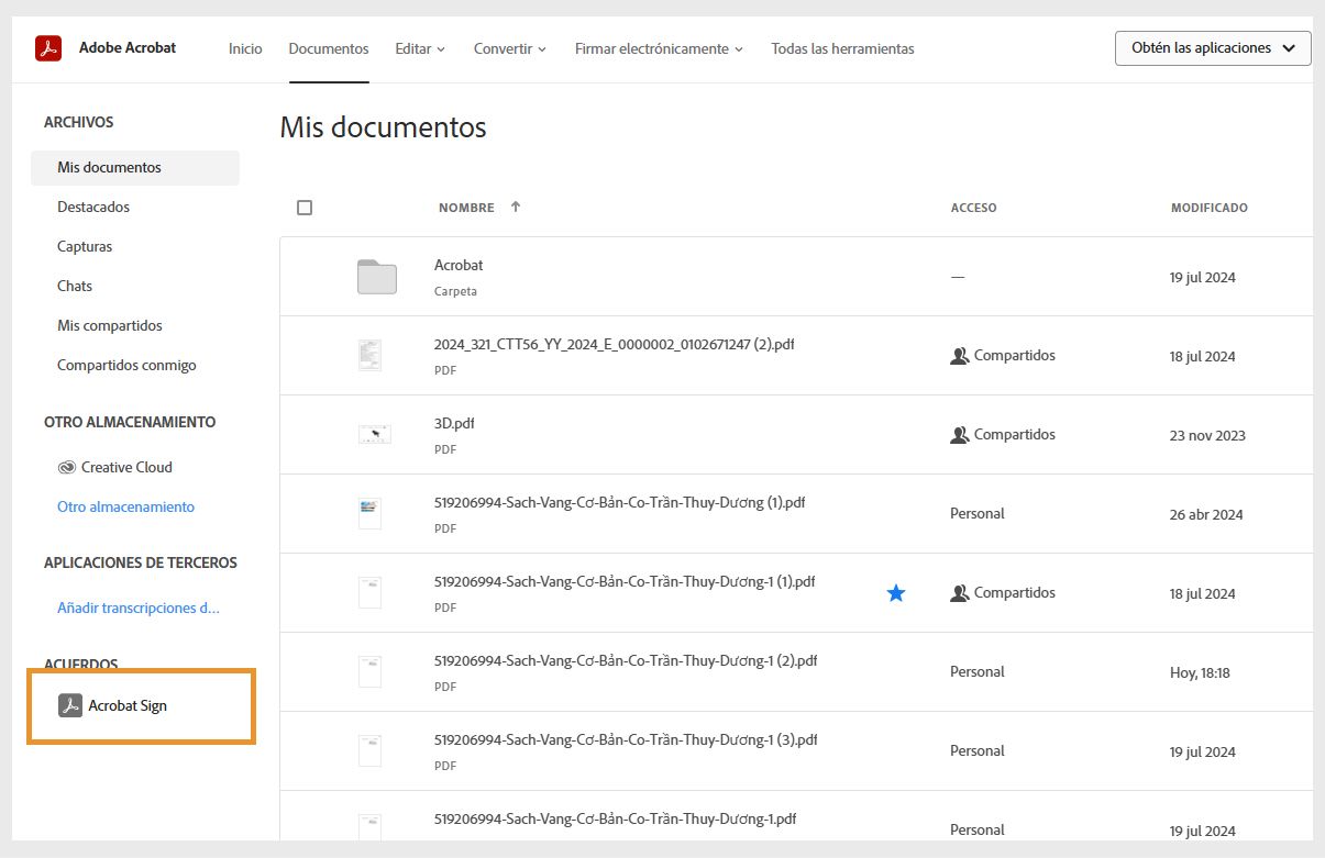 La pestaña Documentos de Acrobat muestra la lista de “Sus documentos” y se resalta la opción Acrobat Sign en Acuerdos.