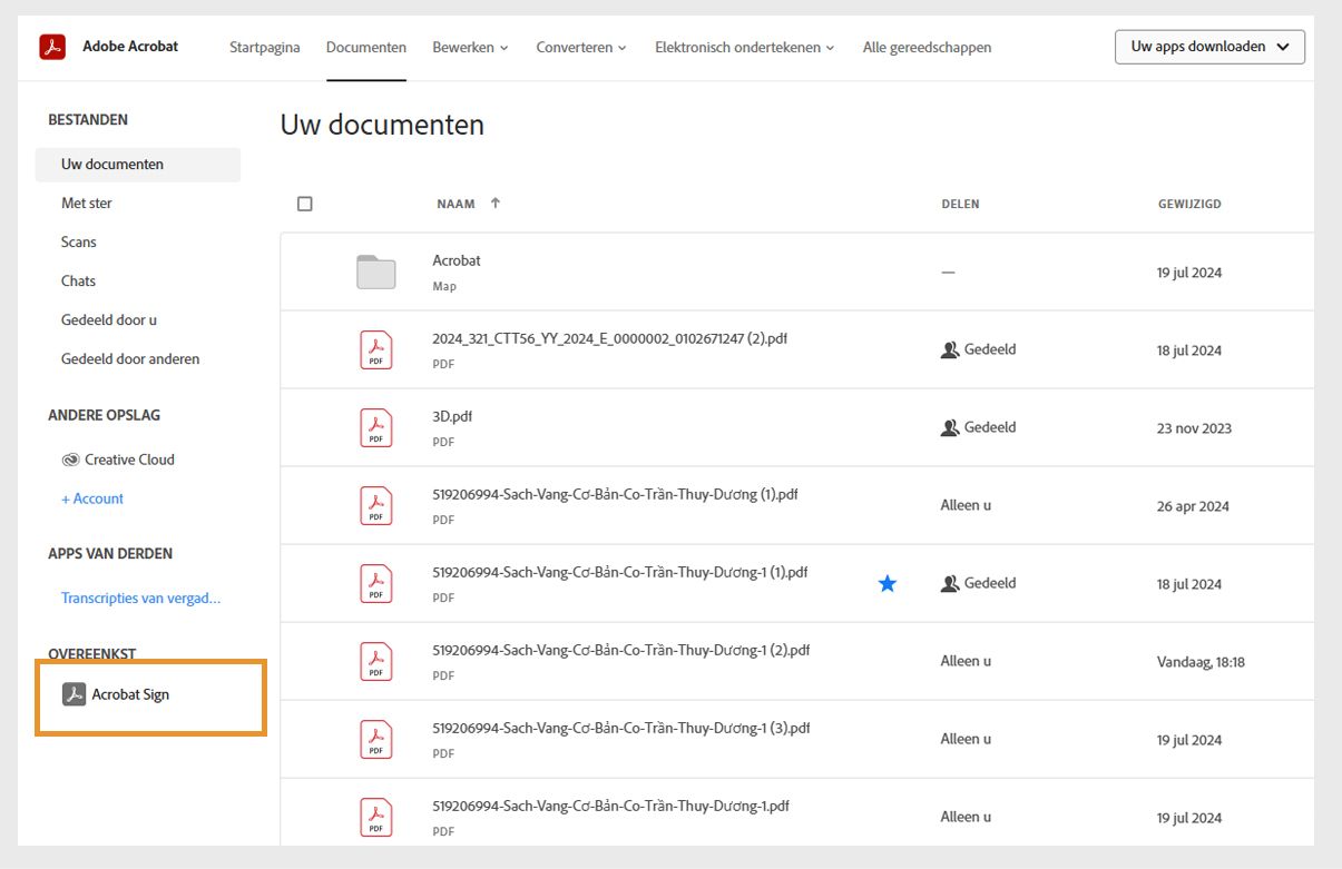 Het tabblad Documenten van Acrobat toont de lijst met Uw documenten en de optie Acrobat Sign onder Overeenkomsten is gemarkeerd.