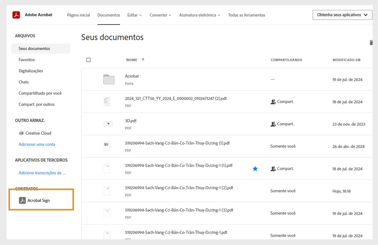 A guia Documentos do Acrobat mostra a lista “Seus documentos” e a opção Acrobat Sign está destacada em Contratos.