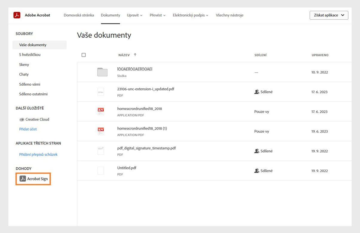 Na kartě Dokumenty služby Acrobat se zobrazí seznam vašich dokumentů a možnost Acrobat Sign v části Dohody je zvýrazněna.