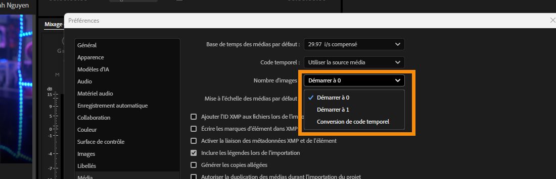La boîte de dialogue Préférences est ouverte et dans le panneau Média, dans le champ Mise à l’échelle des médias par défaut, l’option Démarrer à 0 est sélectionnée.