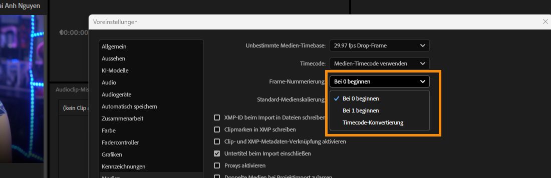 Das Dialogfeld „Voreinstellungen“ ist geöffnet und im Bedienfeld „Medien“ ist im Feld „Standard-Medienskalierung“ die Option „Bei 0 beginnen“ ausgewählt.
