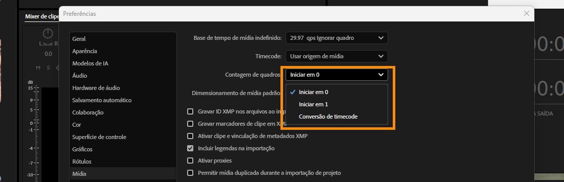 A caixa de diálogo Preferências aberta e no painel Mídia, o campo Escala de mídia padrão, a opção Iniciar em 0 está selecionada.