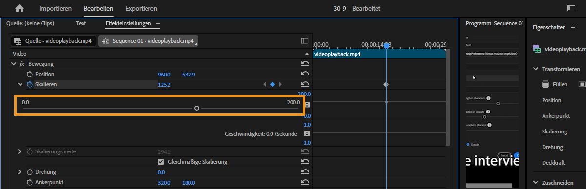 Das Bedienfeld „Effekteinstellungen“ ist geöffnet. Der Bewegungseffekt ist ausgewählt und der Schieberegler ist auf einen Wert eingestellt.