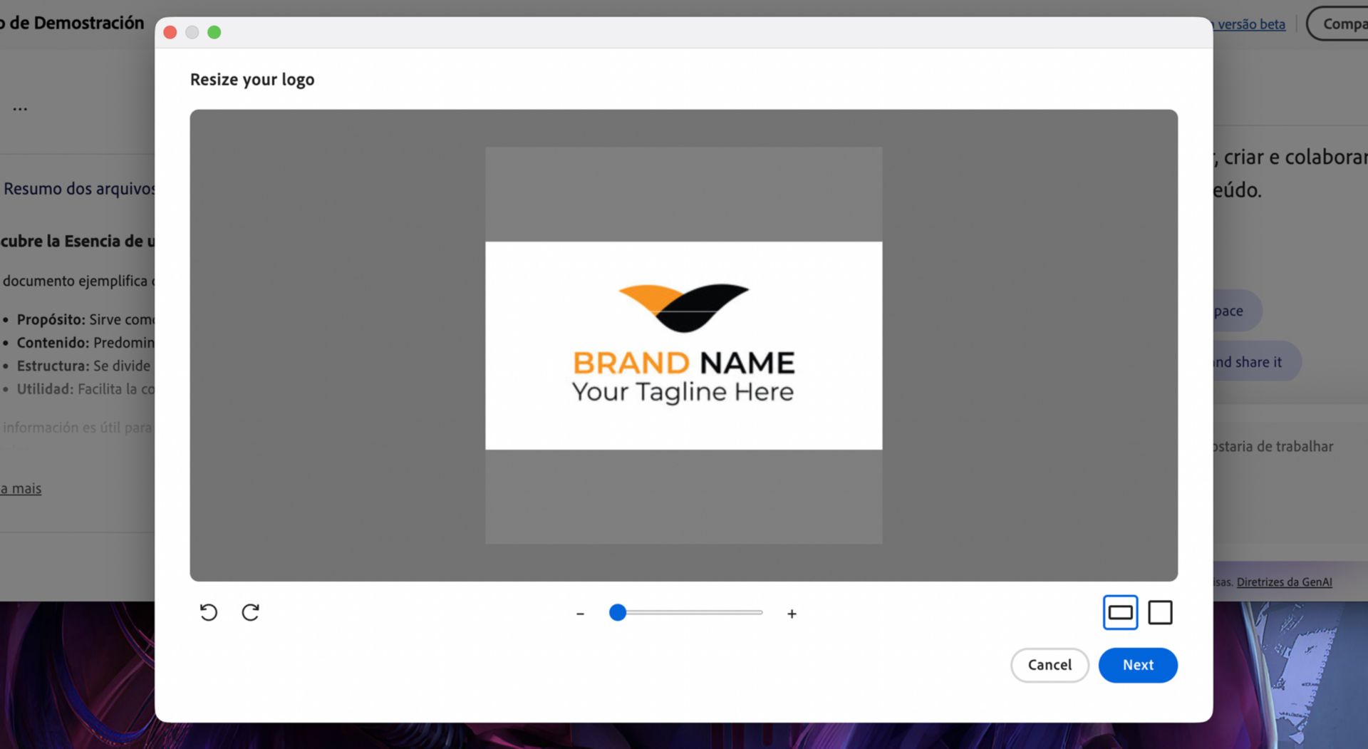 Caixa de diálogo de corte de imagem mostrando uma imagem selecionada com alças de corte ajustáveis e controles de zoom antes de confirmar as alterações.