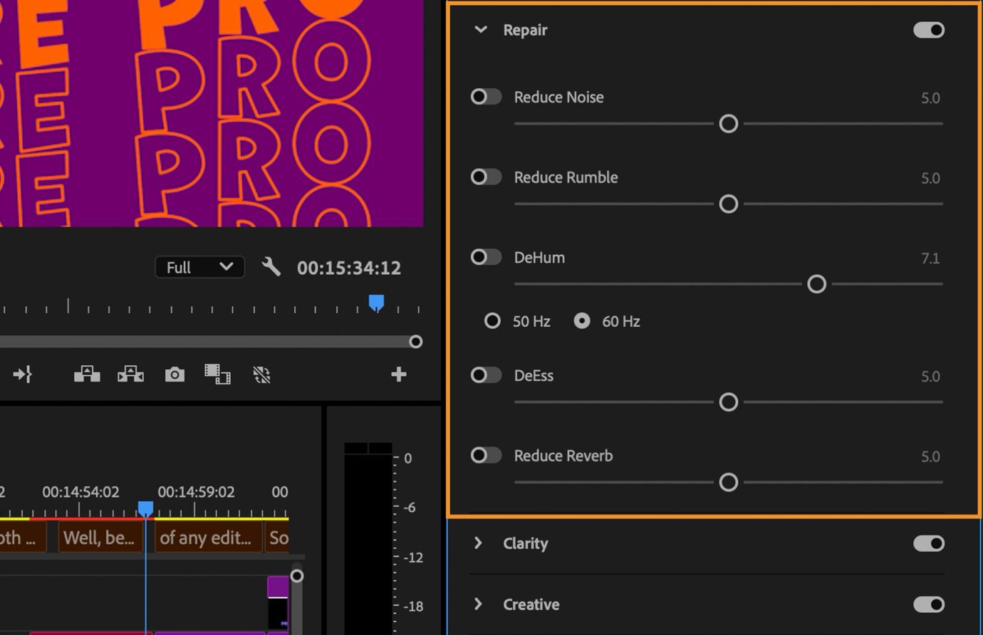 Sezione Ripara del pannello Suono essenziale che mostra i cursori per ridurre il rumore, il rimbombo e il clipping.