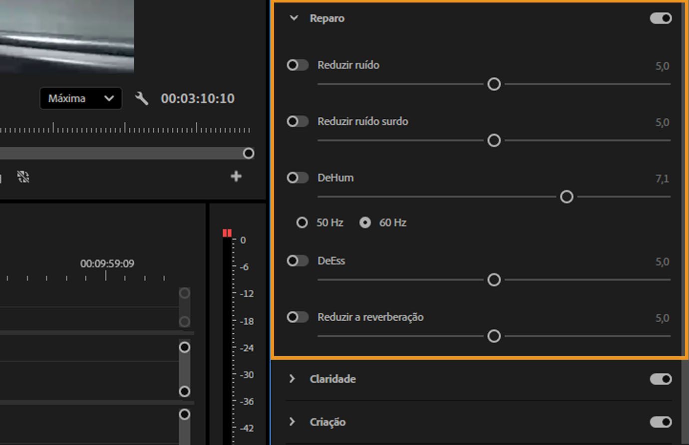 Seção de reparo do painel “Áudio essencial”, mostrando controles deslizantes para reduzir ruído, ronco e cortes.