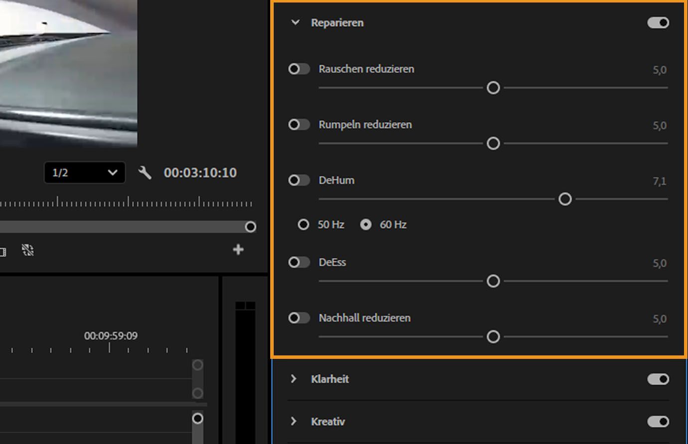 Reparaturbereich des Essential Sound-Bedienfelds mit Schiebereglern zur Reduzierung von Geräuschen, Rumpeln und Übersteuerung.