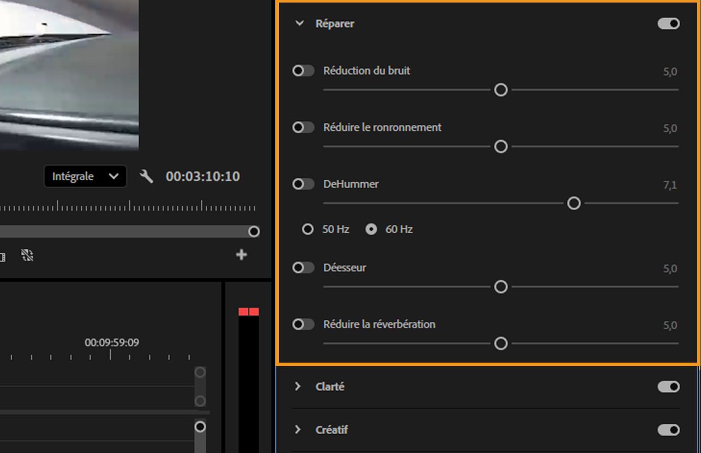Section Réparation du panneau Audio essentiel, montrant les curseurs pour réduire le bruit, le ronronnement et l'écrêtage.