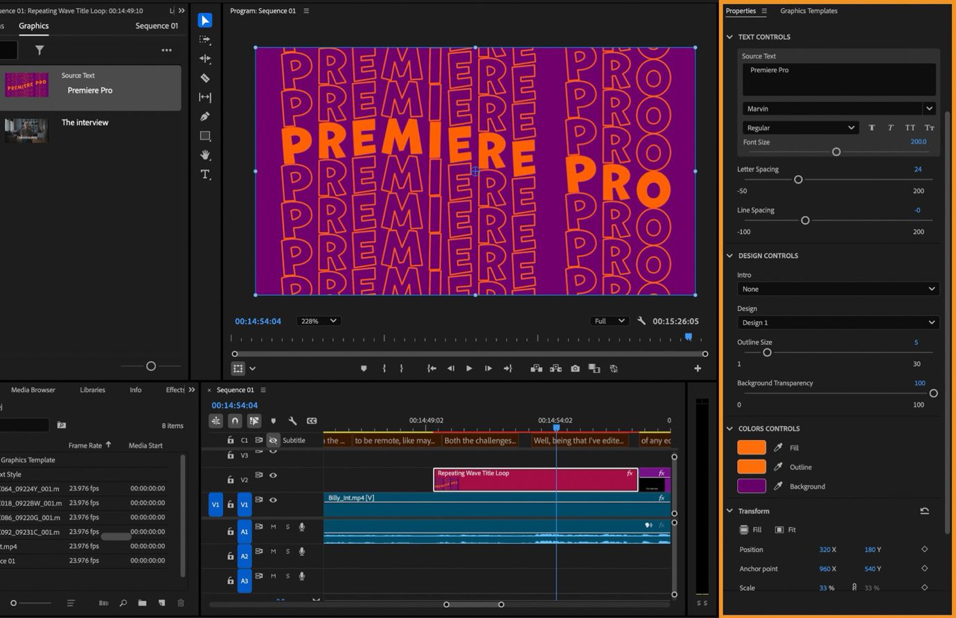 Modello di grafica animata selezionato nella timeline con il pannello Proprietà evidenziato, che mostra i controlli personalizzabili di testo, design e colore utilizzati per modificare l'aspetto del modello.