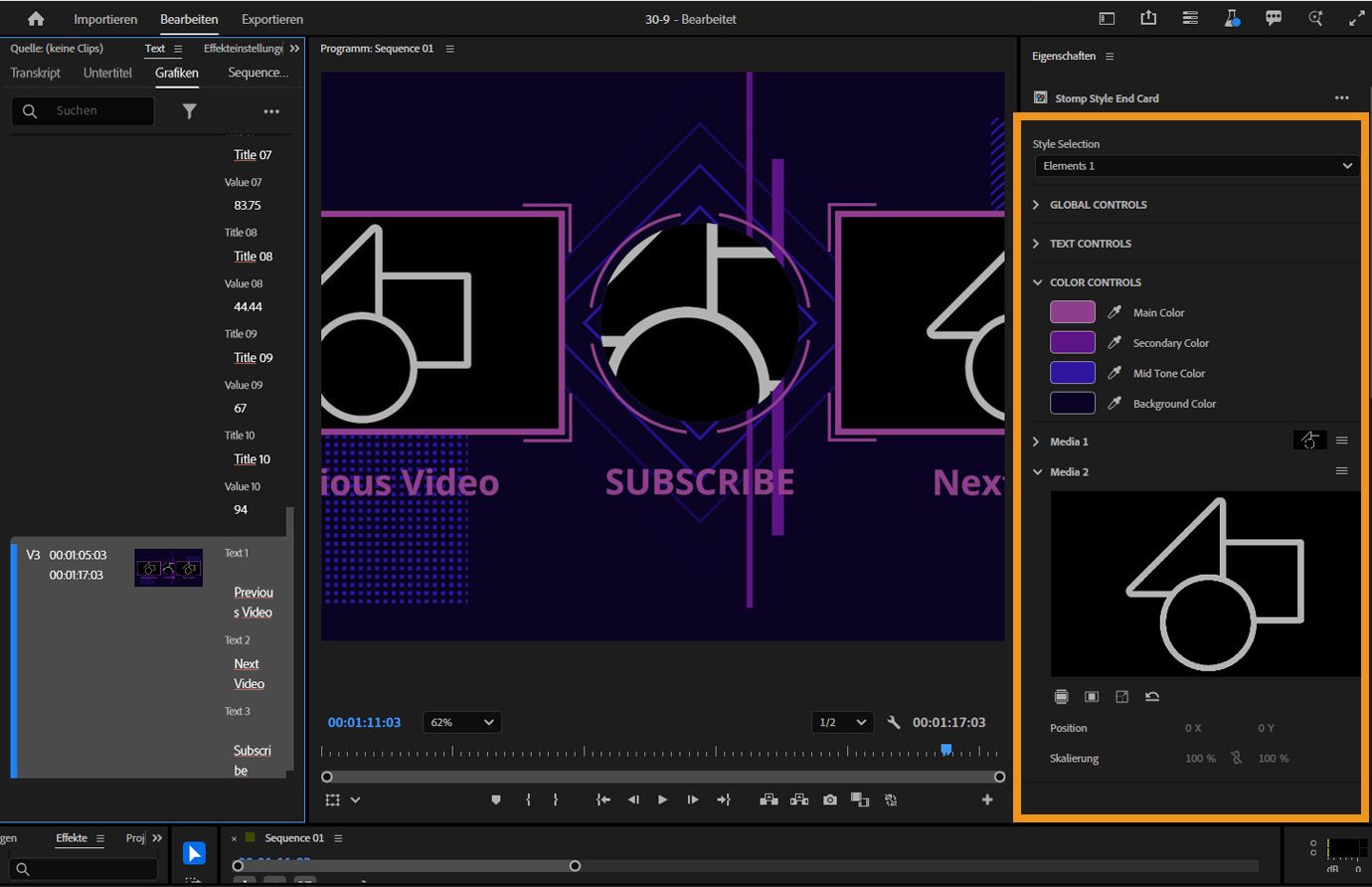 Im Schnittfenster ausgewählte Animationsvorlage mit hervorgehobenem Bedienfeld „Eigenschaften“, das anpassbare Text-, Design- und Farbsteuerungen zur Bearbeitung des Aussehens der Vorlage zeigt.