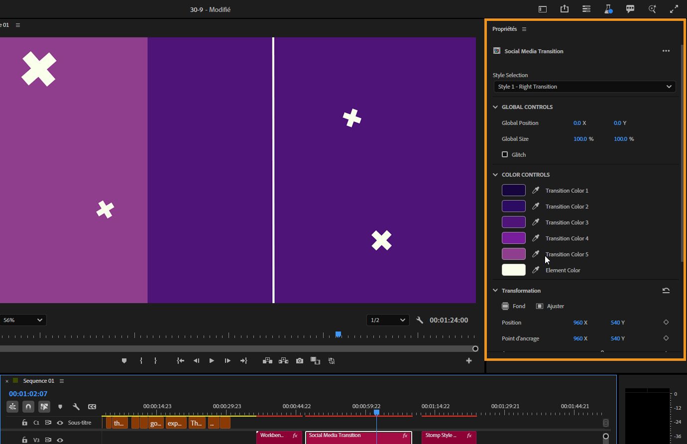 Modèle d’animations graphiques sélectionné dans le montage, avec le panneau Propriétés mis en évidence, montrant les contrôles de texte, de design et de couleur personnalisables utilisés pour modifier le look du modèle.