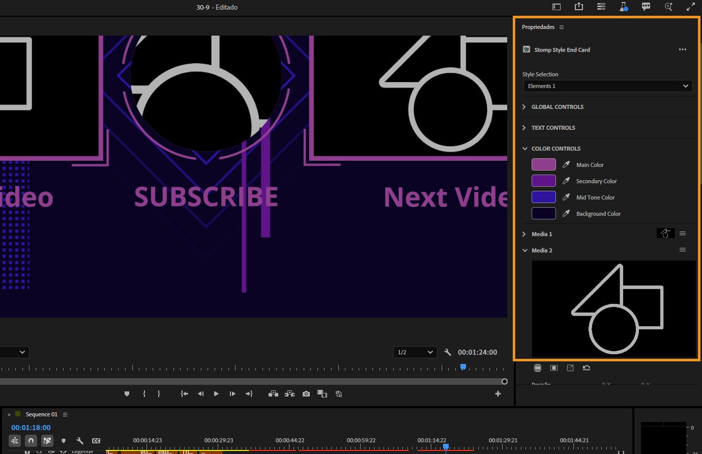 Modelo de animações selecionado na linha do tempo, com o painel “Propriedades” em destaque, mostrando os controles personalizáveis de texto, design e cor usados para editar a aparência do modelo.