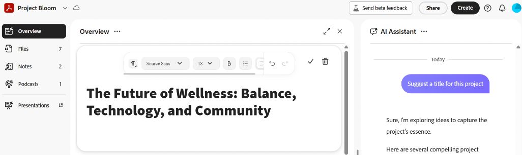 Project overview na may napiling document title para sa pag-edit at AI Assistant prompt na nagmumungkahi ng mas malinaw o mas descriptive na project title.