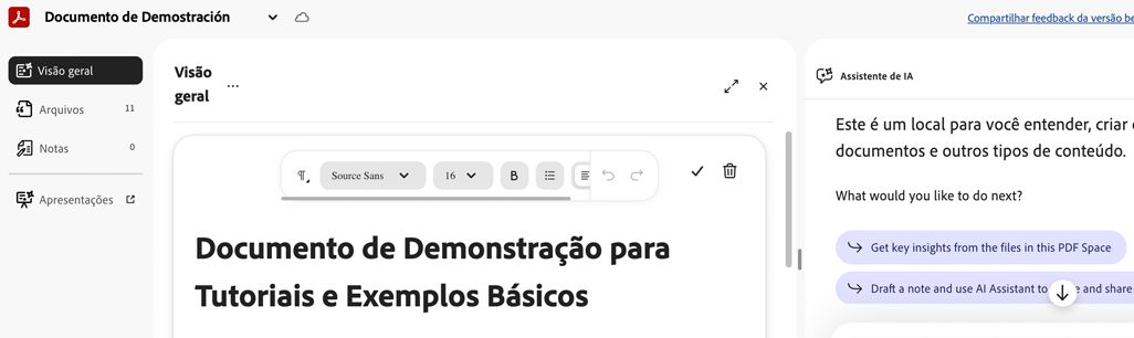 Visão geral do projeto com um título de documento selecionado para edição e um prompt do Assistente de IA sugerindo um título de projeto mais claro ou mais descritivo.