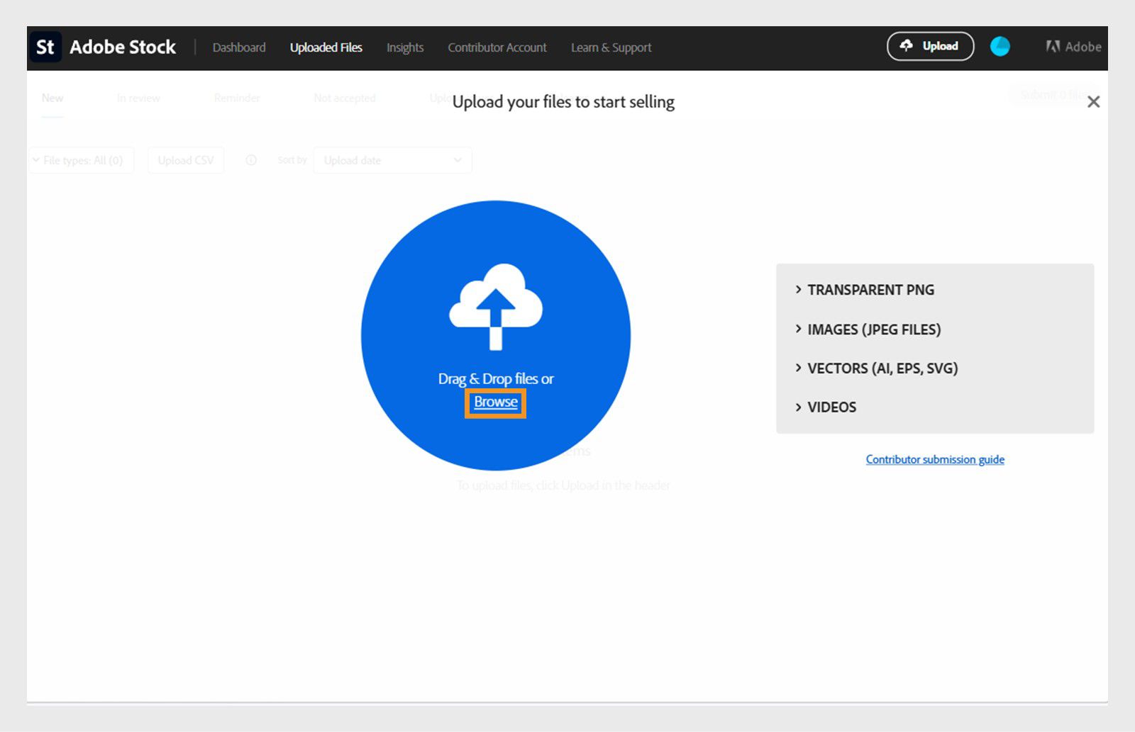 Der Durchsuchen-Button, verfügbar neben dem Upload-Symbol auf dem Bildschirm, ermöglicht es dir, die Dateien auf deinem Computer zu durchsuchen, um deinen Inhalt bei Adobe Stock hochzuladen.