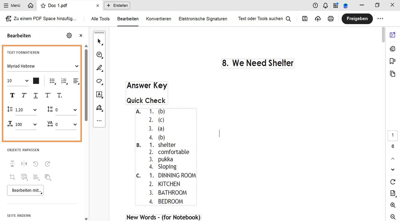 Das Bedienfeld „Bearbeiten“ zeigt verschiedene Textformatierungsoptionen an. Der Dokumentbereich zeigt den vom Anwender zur Bearbeitung ausgewählten Text., Bild